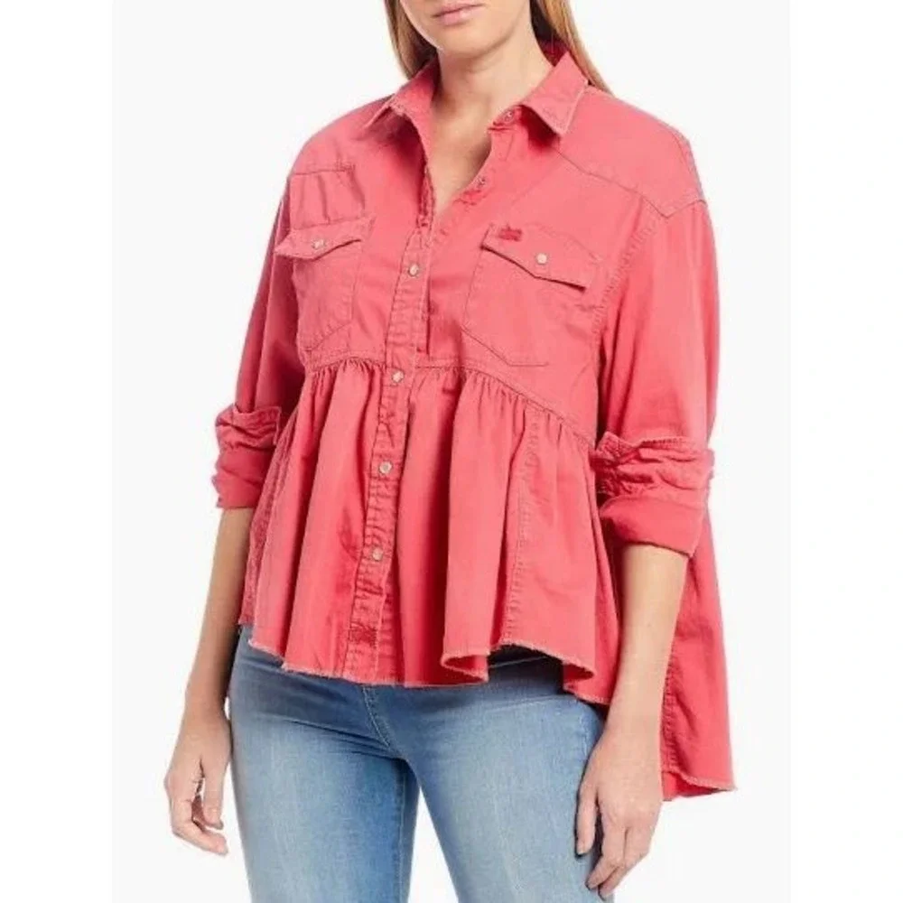 Free People NEW DYLAN Babydoll PINK‎ LOVE Snap button Top XL